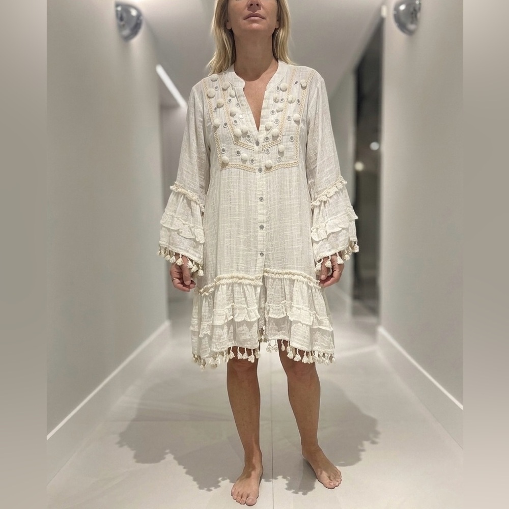 Blanco de Ibiza Off-White Boho Button-Down Dress with Tassels and pompoms